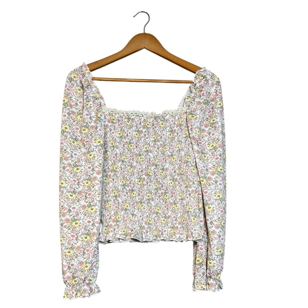 Floral Smocked Long-Sleeve Blouse - White & Pink